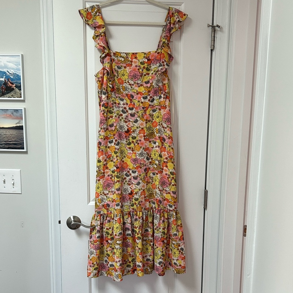BCBG Generation Yellow Ruffle Floral Print Midi Dress